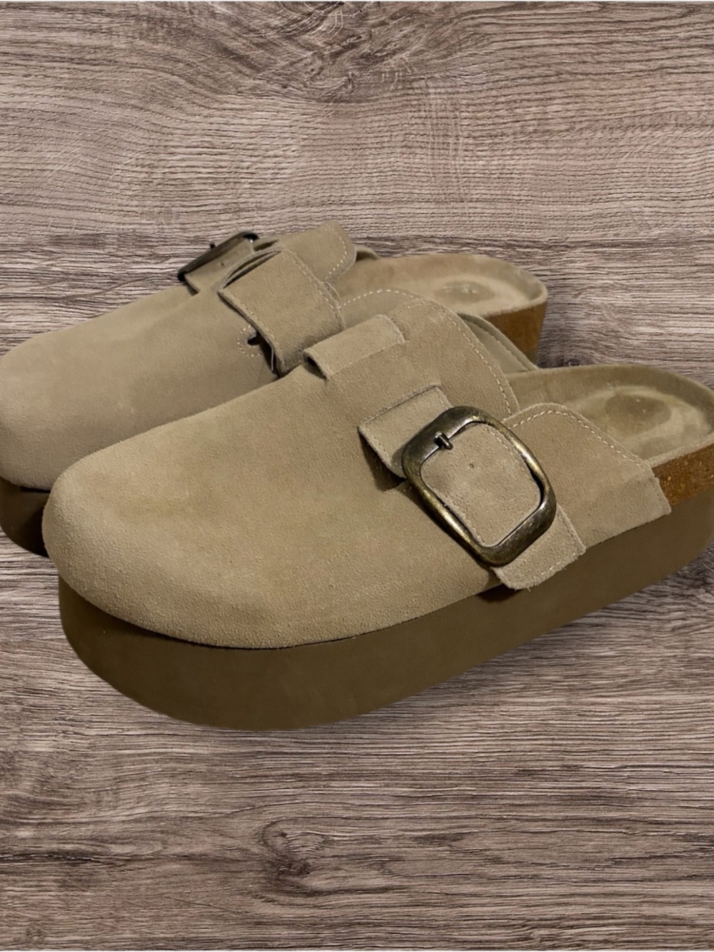 Women's Suede Buckle Clog Mules in Taupe